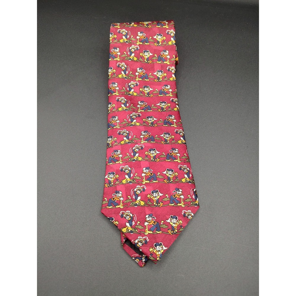 Van Heusen Mickey & Co Mens Silk Necktie Burgundy Red Mickey Mouse Golfing USA